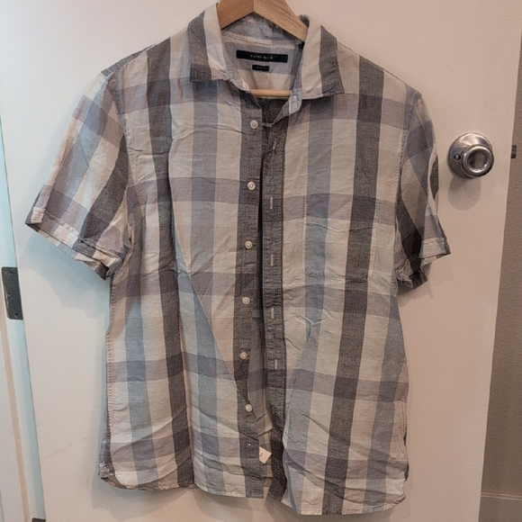 Perry Ellis Gray and White Plaid Shirt - Picture 1 of 9